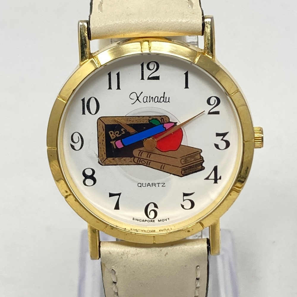 Vtg Xanadu Teacher Watch Women 33mm Gold Tone School Leather New Battery 8.5"